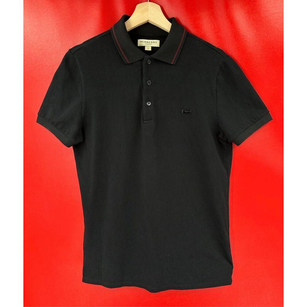 Burberry Chest Logo Atkins Black Pique Cotton Polo Shirt Dry Cleaned Slim Fit LG - Picture 2 of 13
